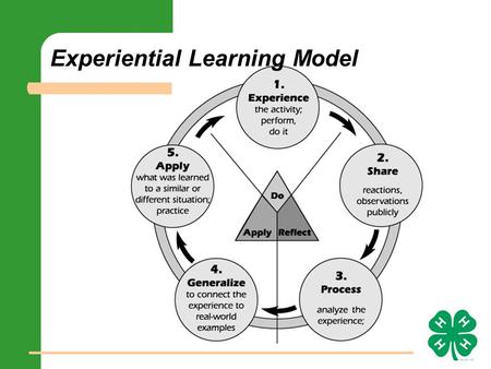 Experiential Learning Model. Experience: Just Do It Individual or group experience Involves doing May be unfamiliar Pushes learner to a new level.