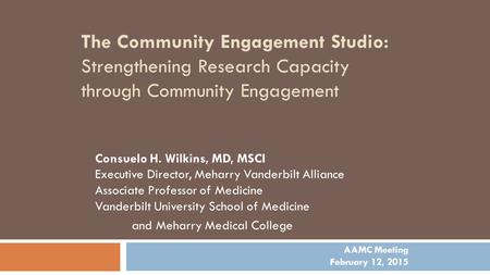 The Community Engagement Studio: Strengthening Research Capacity through Community Engagement Consuelo H. Wilkins, MD, MSCI Executive Director, Meharry.