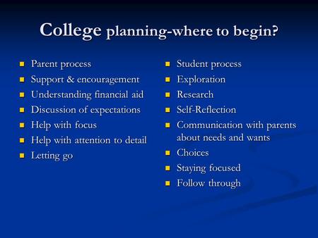 College planning-where to begin? Parent process Parent process Support & encouragement Support & encouragement Understanding financial aid Understanding.