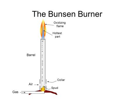 The Bunsen Burner MixtreofGAS and AIRMixtreofGAS and AIR Barrel Air Gas Collar Hottest part Oxidizing flame Spud.
