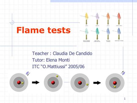 1 Flame tests Teacher : Claudia De Candido Tutor: Elena Monti ITC “O.Mattiussi” 2005/06.