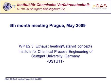 INGAS 6th Month meeting, Prague, 25-26 May 2009 Institut für Chemische Verfahrenstechnik D-70199 Stuttgart, Böblingerstr. 72 6th month meeting Prague,