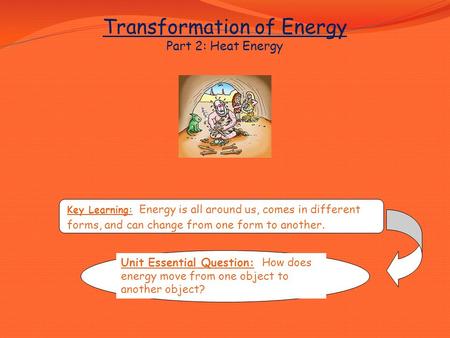 Transformation of Energy Part 2: Heat Energy Key Learning: Energy is all around us, comes in different forms, and can change from one form to another.
