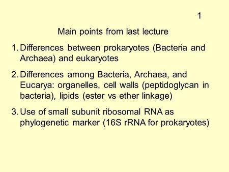 Main points from last lecture 1.Differences between prokaryotes (Bacteria and Archaea) and eukaryotes 2.Differences among Bacteria, Archaea, and Eucarya:
