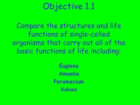 Objective 1.1 Compare the structures and life functions of single-celled organisms that carry out all of the basic functions of life including: Euglena.