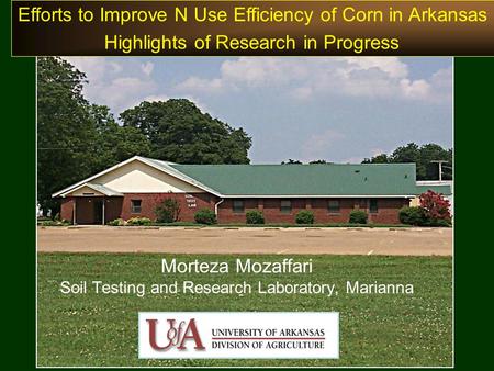 Morteza Mozaffari Soil Testing and Research Laboratory, Marianna Efforts to Improve N Use Efficiency of Corn in Arkansas Highlights of Research in Progress.