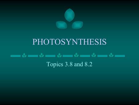 PHOTOSYNTHESIS Topics 3.8 and 8.2. State that photosynthesis involves the conversion of light energy into chemical energy State that light from the Sun.