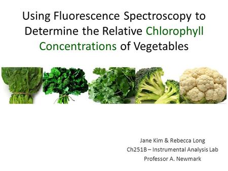 Using Fluorescence Spectroscopy to Determine the Relative Chlorophyll Concentrations of Vegetables Jane Kim & Rebecca Long Ch251B – Instrumental Analysis.