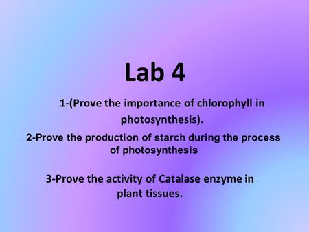 Lab 4 1-(Prove the importance of chlorophyll in photosynthesis). 2-Prove the production of starch during the process of photosynthesis 3-Prove the activity.