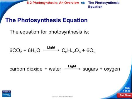 End Show Slide 1 of 28 8-2 Photosynthesis: An Overview Copyright Pearson Prentice Hall The Photosynthesis Equation The equation for photosynthesis is: