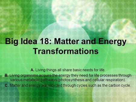 Big Idea 18: Matter and Energy Transformations
