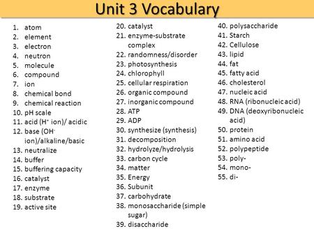 Unit 3 Vocabulary 1.atom 2.element 3.electron 4.neutron 5.molecule 6.compound 7.ion 8.chemical bond 9.chemical reaction 10.pH scale 11.acid (H + ion)/