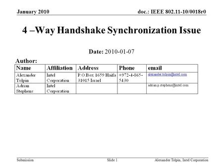 Doc.: IEEE 802.11-10/0018r0 Submission January 2010 Alexander Tolpin, Intel CorporationSlide 1 4 –Way Handshake Synchronization Issue Date: 2010-01-07.