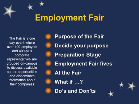 Employment Fair Purpose of the Fair Decide your purpose Preparation Stage Employment Fair fives At the Fair What if …? Do’s and Don’ts The Fair is a one.