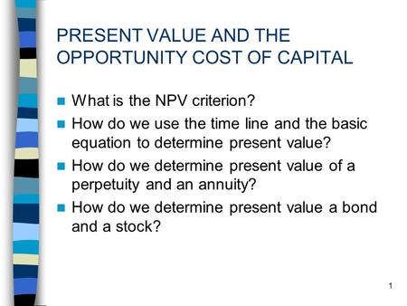 1 PRESENT VALUE AND THE OPPORTUNITY COST OF CAPITAL What is the NPV criterion? How do we use the time line and the basic equation to determine present.