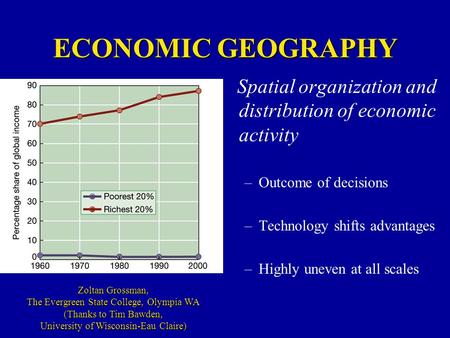 ECONOMIC GEOGRAPHY Spatial organization and distribution of economic activity –Outcome of decisions –Technology shifts advantages –Highly uneven at all.