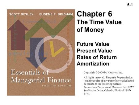6-1 Copyright (C) 2000 by Harcourt, Inc. All rights reserved. Chapter 6 The Time Value of Money Future Value Present Value Rates of Return Amortization.