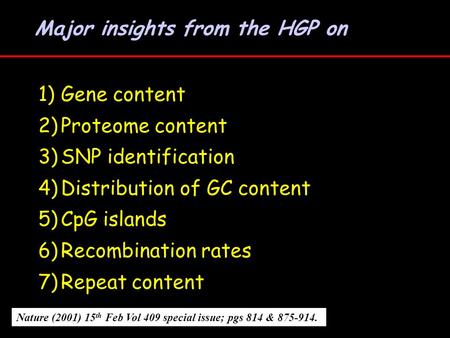 Major insights from the HGP on Nature (2001) 15 th Feb Vol 409 special issue; pgs 814 & 875-914. 1)Gene content 2)Proteome content 3)SNP identification.