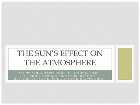 ALL WEATHER HAPPENS IN THE TROPOSPHERE THE SUN’S RADIANT ENERGY IS DIRECTLY RESPONSIBLE FOR DRIVING THE EARTH’S WEATHER THE SUN’S EFFECT ON THE ATMOSPHERE.