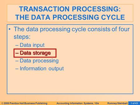© 2006 Prentice Hall Business Publishing Accounting Information Systems, 10/e Romney/Steinbart1 of 43 The data processing cycle consists of four steps: