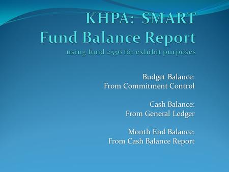 Budget Balance: From Commitment Control Cash Balance: From General Ledger Month End Balance: From Cash Balance Report.