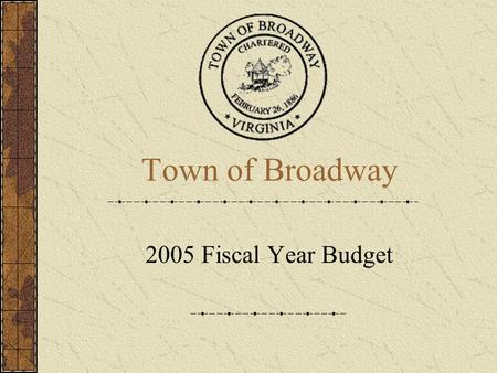 Town of Broadway 2005 Fiscal Year Budget. Expenditures Overview General Fund$643,54610.28% Water Fund 309,399 -.29% Sewer Fund 331,486.45% Capital Improvements.
