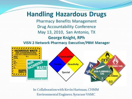 Handling Hazardous Drugs Pharmacy Benefits Management Drug Accountability Conference May 13, 2010, San Antonio, TX George Knight, RPh VISN 2 Network Pharmacy.