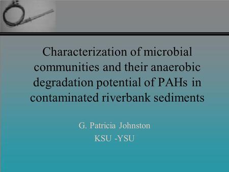 Characterization of microbial communities and their anaerobic degradation potential of PAHs in contaminated riverbank sediments G. Patricia Johnston KSU.