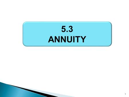 1 5.3 ANNUITY.  Define ordinary and simple annuity  Find the future and present value  Find the regular periodic payment  Find the interest 2.
