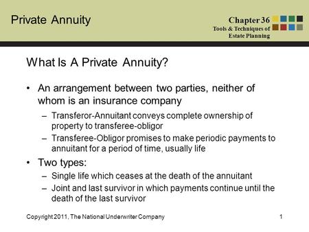 Private Annuity Chapter 36 Tools & Techniques of Estate Planning Copyright 2011, The National Underwriter Company1 An arrangement between two parties,