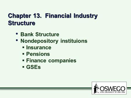 Chapter 13. Financial Industry Structure Bank Structure Nondepository instituions  Insurance  Pensions  Finance companies  GSEs Bank Structure Nondepository.