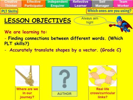 We are learning to: - Finding connections between different words. (Which PLT skills?) -Accurately translate shapes by a vector. (Grade C) Always aim high!