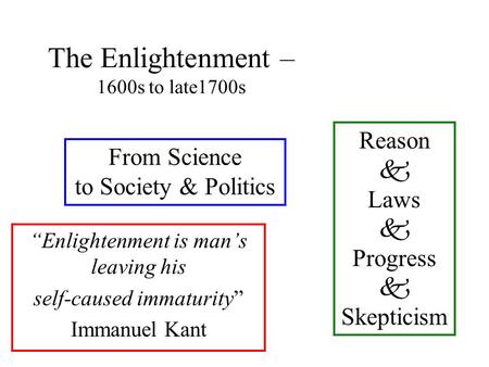 The Enlightenment – 1600s to late1700s “Enlightenment is man’s leaving his self-caused immaturity” Immanuel Kant Reason  Laws  Progress  Skepticism.
