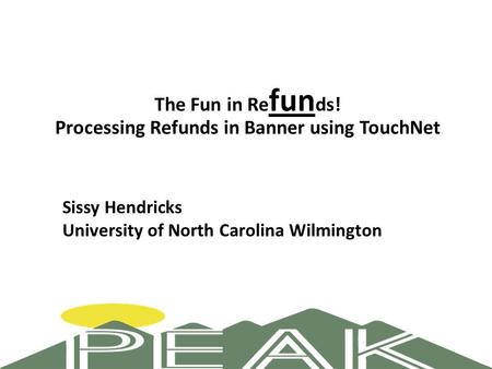 The Fun in Re fun ds! Processing Refunds in Banner using TouchNet Sissy Hendricks University of North Carolina Wilmington.