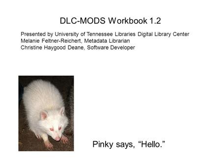 DLC-MODS Workbook 1.2 Pinky says, “Hello.” Presented by University of Tennessee Libraries Digital Library Center Melanie Feltner-Reichert, Metadata Librarian.