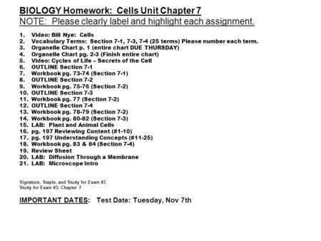 BIOLOGY Homework: Cells Unit Chapter 7