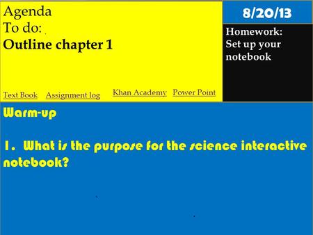 Agenda To do: Outline chapter 1 Homework: Set up your notebook Warm-up 1. What is the purpose for the science interactive notebook? Assignment logText.