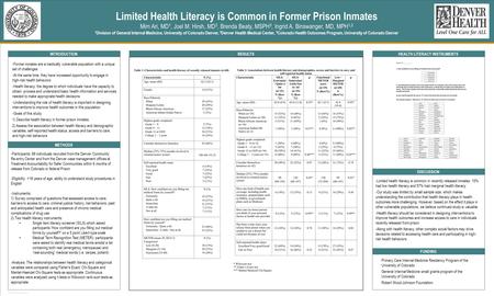 TEMPLATE DESIGN © 2008 www.PosterPresentations.com Limited Health Literacy is Common in Former Prison Inmates Mim Ari, MD 1, Joel M. Hirsh, MD 2, Brenda.