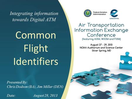 Integrating information towards Digital ATM Common Flight Identifiers Presented By: Chris Dodson (BA), Jim Miller (DEN) Date:August 28, 2013.