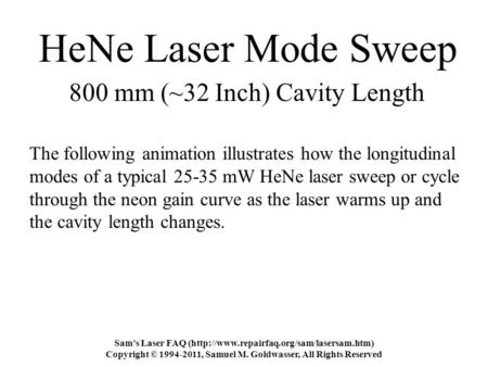 HeNe Laser Mode Sweep The following animation illustrates how the longitudinal modes of a typical 25-35 mW HeNe laser sweep or cycle through the neon gain.