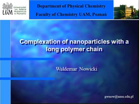 Complexation of nanoparticles with a long polymer chain Department of Physical Chemistry Faculty of Chemistry UAM, Poznań Waldemar Nowicki.