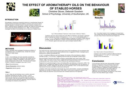 THE EFFECT OF AROMATHERAPY OILS ON THE BEHAVIOUR OF STABLED HORSES Christine Glover, Deborah Goodwin School of Psychology, University of Southampton, UK.