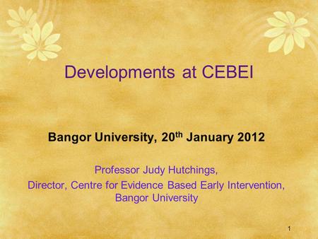 1 Developments at CEBEI Bangor University, 20 th January 2012 Professor Judy Hutchings, Director, Centre for Evidence Based Early Intervention, Bangor.