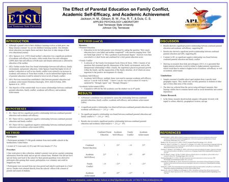 The Effect of Parental Education on Family Conflict, Academic Self-Efficacy, and Academic Achievement Jackson, H. M., Gibson, B. W., Fox, R. T., & Dula,