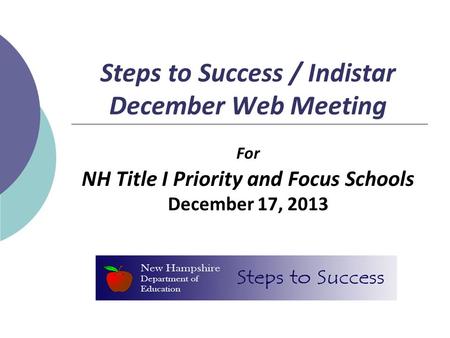 Steps to Success / Indistar December Web Meeting For NH Title I Priority and Focus Schools December 17, 2013.