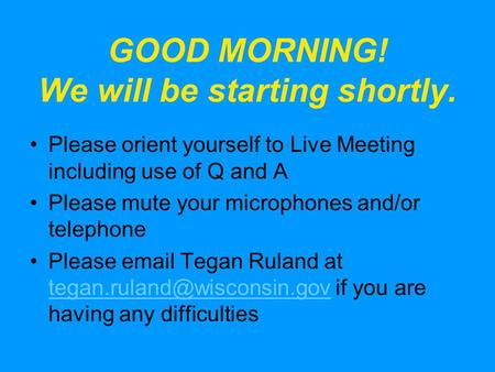GOOD MORNING! We will be starting shortly. Please orient yourself to Live Meeting including use of Q and A Please mute your microphones and/or telephone.