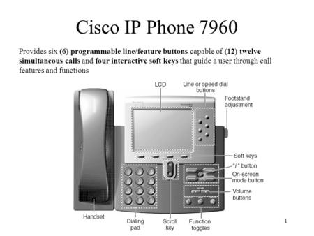 1 Cisco IP Phone 7960 Provides six (6) programmable line/feature buttons capable of (12) twelve simultaneous calls and four interactive soft keys that.