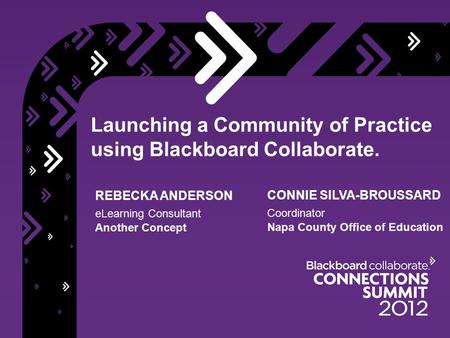 Launching a Community of Practice using Blackboard Collaborate. REBECKA ANDERSON eLearning Consultant Another Concept CONNIE SILVA-BROUSSARD Coordinator.