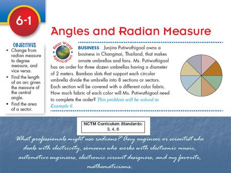 What professionals might use radians? Any engineer or scientist who deals with electricity, someone who works with electronic music, automotive engineers,