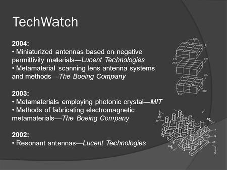 TechWatch 2004: Miniaturized antennas based on negative permittivity materials—Lucent Technologies Metamaterial scanning lens antenna systems and methods—The.